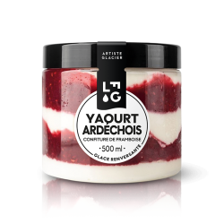 Glace artisanale au yaourt ardéchois et à la confiture de framboise.