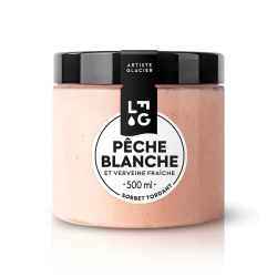 Sorbet artisanal pêche blanche et verveine.