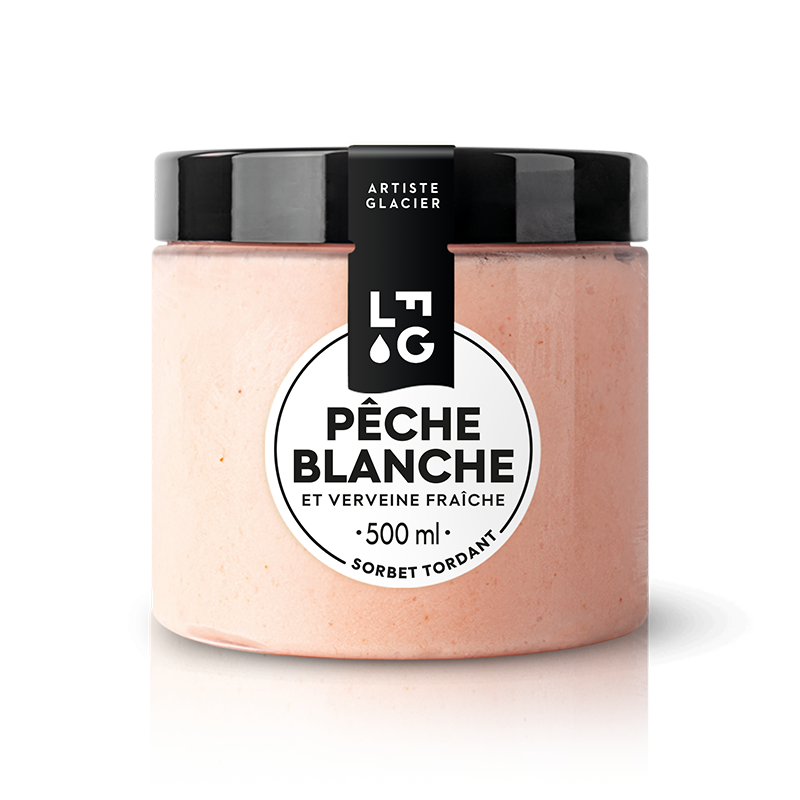 Sorbet artisanal pêche blanche et verveine.