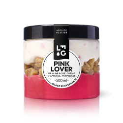 Glace artisanale à la vanille et praline rose, sorbet framboise groseille, crème d'amande.