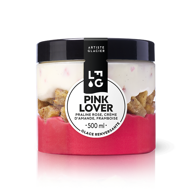Glace artisanale à la vanille et praline rose, sorbet framboise groseille, crème d'amande.
